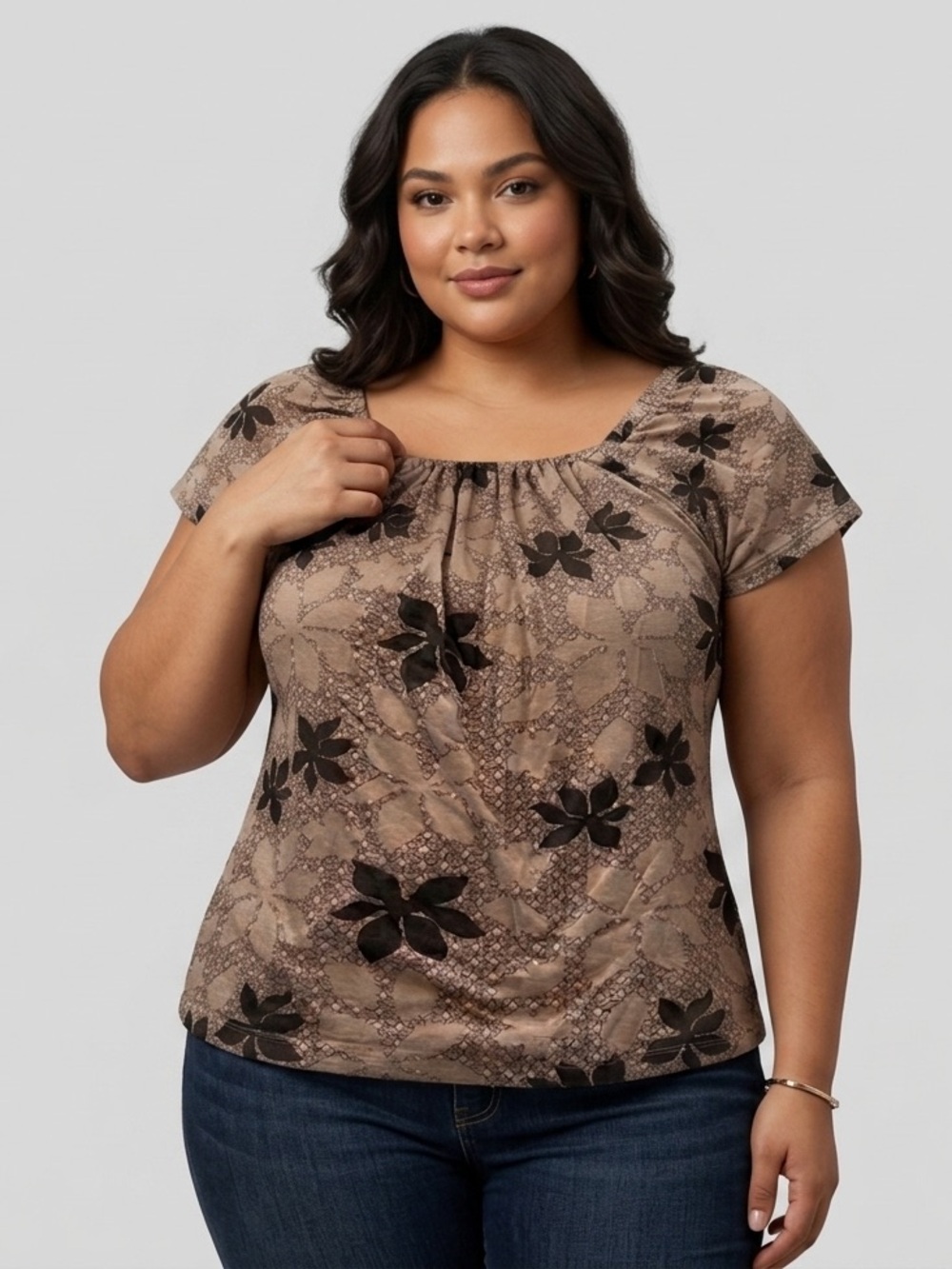 90s Brown Flower Print T-Shirt Plus Size Oversized 3X Tee